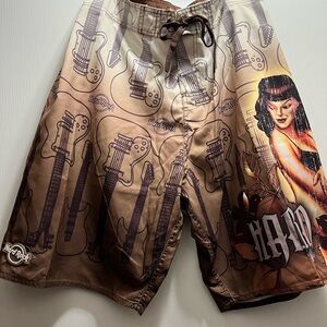 Hard Rock Cafe Brown Guitar Print Swim Shorts